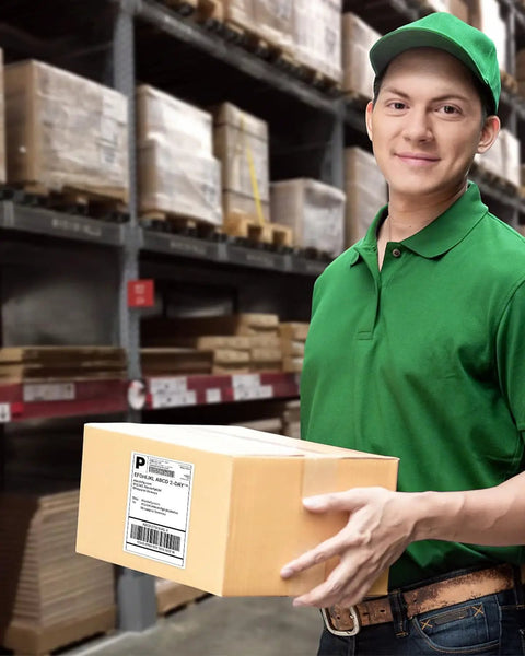 Person in green uniform holding a box with a Genuine 4x6 Direct Thermal Shipping Label For Nelko PL70E Printer in a warehouse.