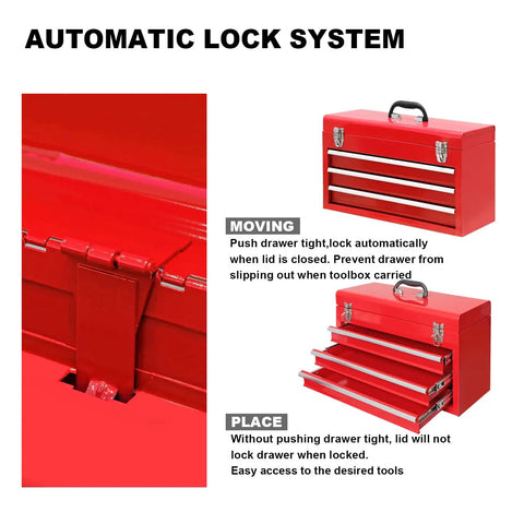 20.5 Inch Portable Steel Tool Box With Top Box And Three Drawers Red Powder Coat Finish with automatic lock system