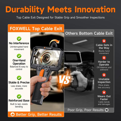 Dual Lens Articulating Borescope With 1080P Endoscope Camera, Two Way Flex Probe, 5.3ft Semi Rigid Cable For Engines, Pipes, HVAC Ducts And Industrial Equipment See Hidden Damage Clearly. Handheld inspection grip comparison image showing top cable exit.