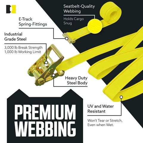 Heavy Duty E Track Ratchet Straps 2 Inch By 12 Foot 4 Pack Yellow Cargo Tie Downs With premium webbing and fittings detail