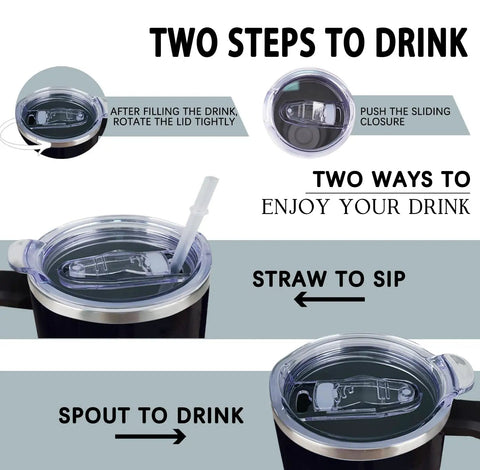 40 Oz Tumbler With Handle And Straw Engineer Gifts For Men And Students, lid with straw and spout instructions visible