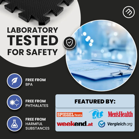 Image showcasing Laboratory Tested for Safety certification of Interlocking Foam Gym Mats Set With Edge Pieces For Full Floor Protection.