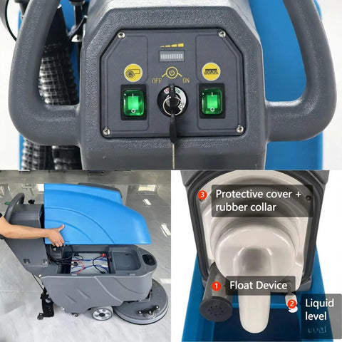 Control panel of Professional Industrial Sweeping Unit Heavy Duty Floor Cleaning Machine for Warehouses and Factories with buttons and indicators.