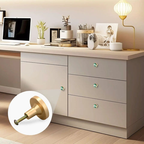 Four Piece Round Drawer Knobs And Cabinet Hardware Featuring Green And Gold Swirl Marbled Finish With Included Mounting Screws for kitchen cupboards.