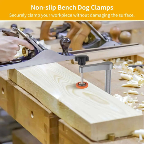 Twofer Pack Aluminum Bench Dog Clamps with Hand Operated Knob on woodworking bench with plane, securing wood piece.