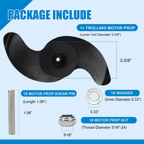 Package components of Pro Trolling Motor Propeller Weedless Wedge Two Style Fits Three And Five Eighths Inch Motor Diameters