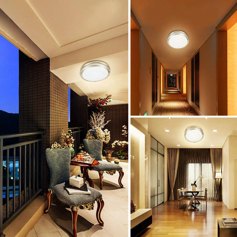 Motion Sensor LED Flush Mount Ceiling Light 12 Inch, 18W 3000K Warm White in porch, hallway, and living room settings