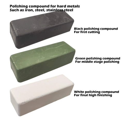Badass 6 Piece 6 Inch Stainless Steel Buffing Wheel Kit For Bench Grinders With Half Inch Arbor Hole Plus Sisal Denim Cotton Wheels And 3 Heavy Duty Polishing Bars In Black Green White showing black, green, and white polishing compounds for metal finishing.