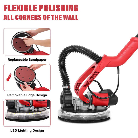 Close-up of Beast 750W Drywall Sander with Vacuum and LED Light showcasing replaceable sandpaper and removable edge design.