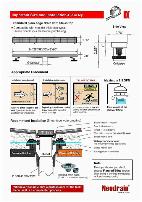 18 Inch Gold Linear Shower Drain With 2 In 1 Flat And Tile Insert Cover, installation diagram and guidelines