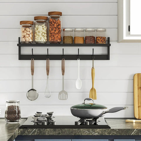 Heavy Duty Wall Mounted Shelf With Five Dual Hooks Straight Up Game Changer Entryway Coat Rack For Small Apartments Bathrooms And Bedrooms In Matte Black with kitchen utensils.