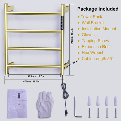 4 Bar Brushed Gold Heated Towel Warmer Rack With Built-In Timer Stainless Steel Wall Mounted Towel Warmer, accessories shown