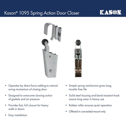 Image of Spring Action Door Closer With Adjustable Wide Hook And Concealed Mount Beefy Yet Quiet Rubber Roller For Walk-In Doors.