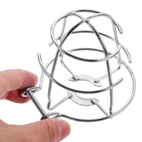 Tough As Nails Stainless Steel Fire Sprinkler Head Guard Protective Cage being held; fits 1/2 and 3/4 inch pipe for safety.