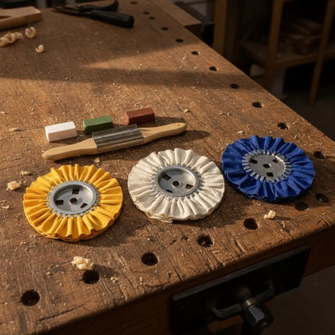 Get That Mirror Shine With These 3 Piece Cloth Polishing Wheels For Bench Mounted Metalworks Plus Buffing Agent For Surface Grinding And Smooth Finish, showcasing yellow, white, and blue cloth polishing wheels on wooden workbench.