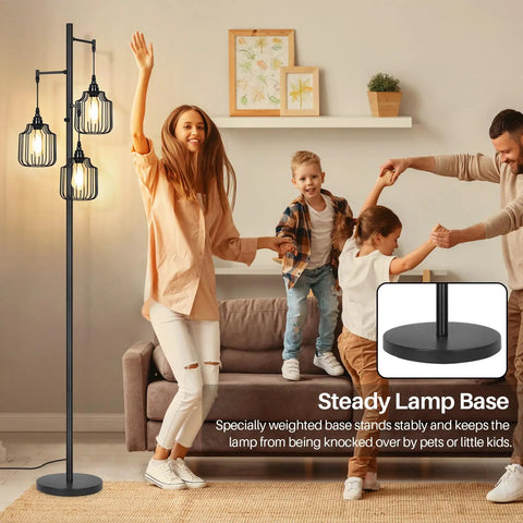 Dimmer Floor Lamp With 3X 800LM LED Edison Bulbs, Tall Standing Corner Lamp in a cozy living room with family dancing.