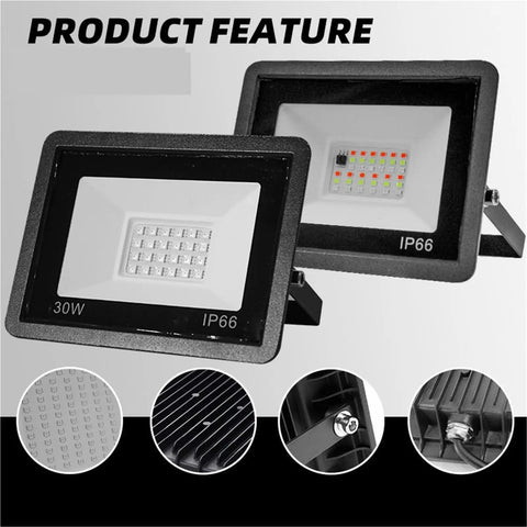 Top Shelf SmartRGB Outdoor Floodlight 50W LED Spotlight with Wifi App Control, showcasing 30W IP66 rated lamps in detail.
