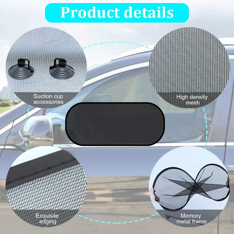Rear Window Sun Shade For Cars With Suction Cups, UV Protection Mesh Cover For Back Window, Shields Babies Kids And Pets In Rear Seats, 39 By 19 Inches, Easy Install Car Sunblock Shade with product details showing suction cups, mesh, edging, and metal frame.