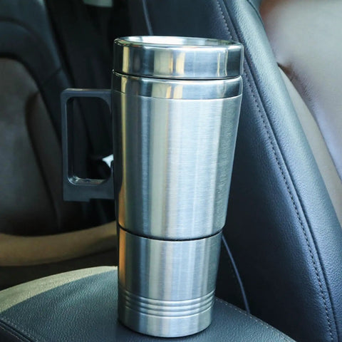 Zero Drama 12V And 24V Ride Along Electric Kettle Straight For Your Center Console food grade steel travel kettle in vehicle cup holder.