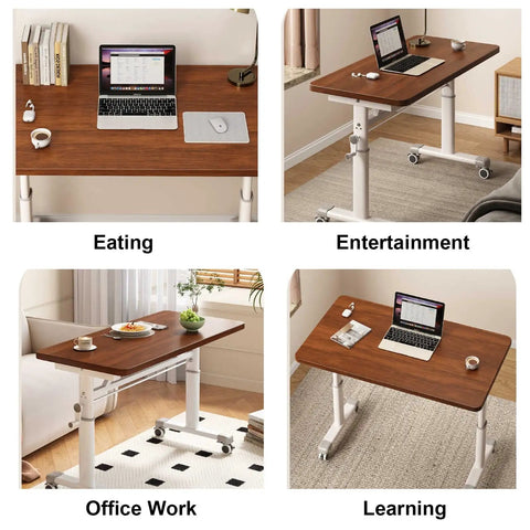 Adjustable Standing Desk With Manual Height Lift For Epic Home Office And Gaming Setup. 47 Inch wide brown table for eating, learning, and office work.