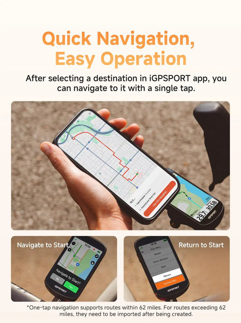 Hand holding GPS Bike Computer With 3.3 Inch Touchscreen Map And Voice Navigation Ebike Mode showing navigation map screen.