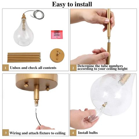 Installation steps for Gold Glass Pendant Light For Kitchen Island, Bedroom, Dining Room, Entryway, Sink, And Breakfast Nook