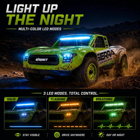 One Twelfth Scale RC Short Course Truck With Gyro And Center Differential For Adults, LED modes: solid, flashing, breathing.