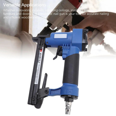 Pro Grade 20 Gauge Pneumatic Brad Nailer Featuring Zero Jam Nozzle And Hassle Free Air Stapler close-up view of trigger and nozzle.