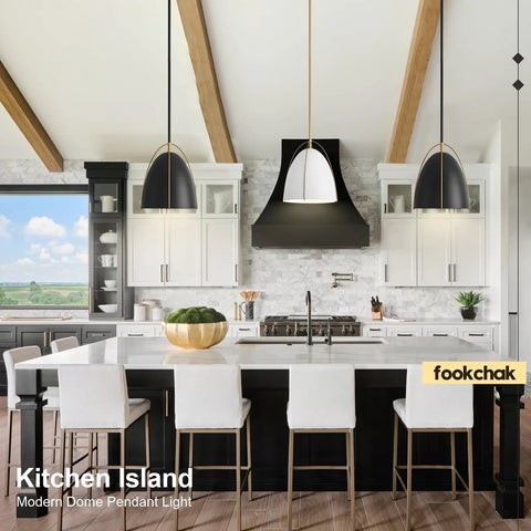 Bright kitchen island with Black Dome Pendant Light For Kitchen Island, 10 Inch Dope Modern Black And Gold Ceiling Fixture