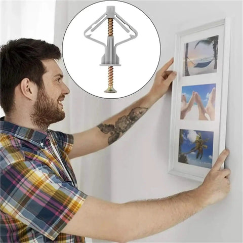 Self Drilling Drywall Anchors Kit With Screws For Plasterboard And Hollow Walls Tool Free Install Renter Friendly Ideal For Apartments Dorms And Quick Home Renovations, man hanging frame