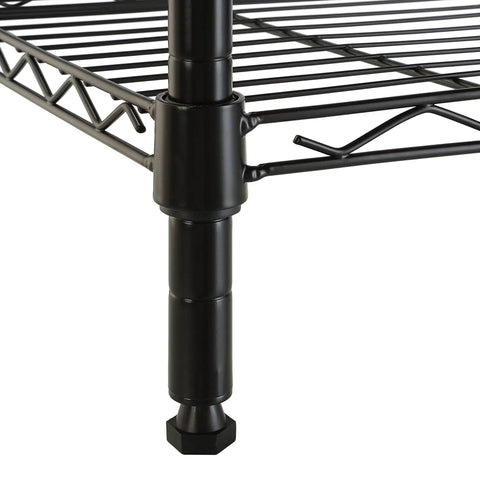 Close-up of adjustable leveler on Heavy Duty Five Shelf Tower Adjustable Storage Rack For Tight Squeezes And Garages Rustproof Steel Organizer.