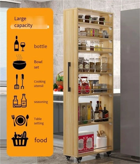 Seven Tier Narrow Rolling Cart With Slick Casters Fits Snug In Tight Kitchen Corners Hella Sturdy Slim Storage Rack With Sure Grip Handle And Bold Red Finish For Cooking Essentials filled with jars and utensils.