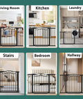 Ultra Wide Baby Gate With Door, Fits 65.4 To 68.1 Inches, 30 Inch Tall, Pressure Mounted No Drill in various home settings