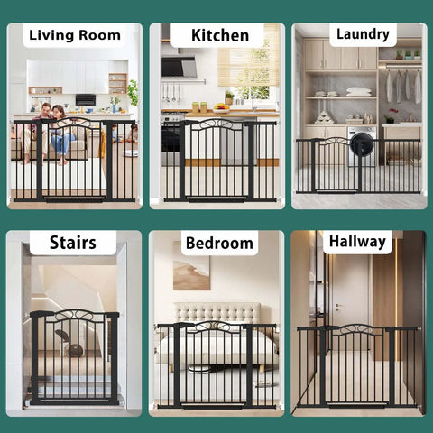 Ultra Wide Baby Gate With Door, Fits 65.4 To 68.1 Inches, 30 Inch Tall, Pressure Mounted No Drill in various home settings