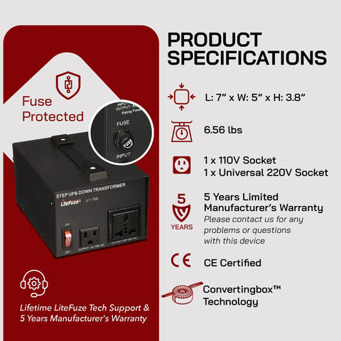 750 Watt Voltage Converter Transformer Step Up And Down Power Converter with specs and 5-year warranty details displayed