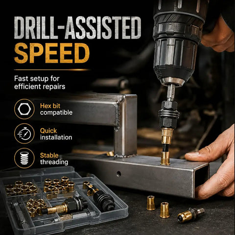 Rivet Nut Tool Kit Heavy Duty For M3 To M8 Sizes With Carbon Steel Rivnut Installer Adapters Includes M3 M4 M5 M6 M8 Heads And Assorted Rivet Nuts Manual Or Drill Powered Threaded Insert Tool Two Pack, drill-installed on steel