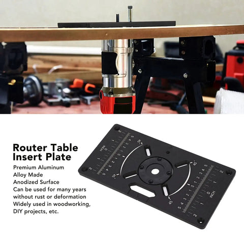 Solid Build Aluminum Router Table Insert Plate With Dual Inch And Centimeter Markings Universal Fit angle showing installed with router.