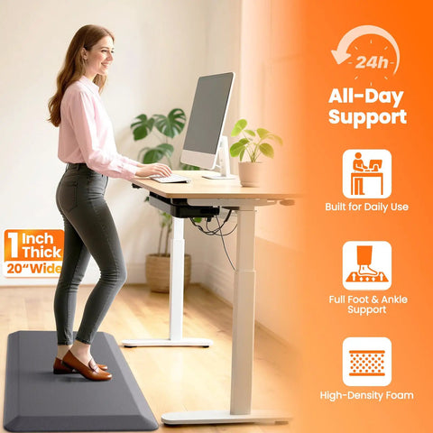 Woman using ultra thick 1 inch anti fatigue kitchen mat for floor, grey, non slip, waterproof, ideal for desk work, size 20 x 39 inches.