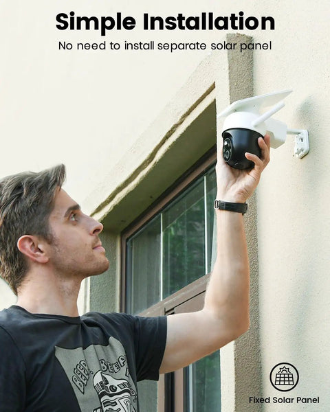 Person installing Outdoor Solar Camera Security No Wires Needed With Fixed Solar Panel, 360 Degree Panoramic View, Human Auto Tracking.