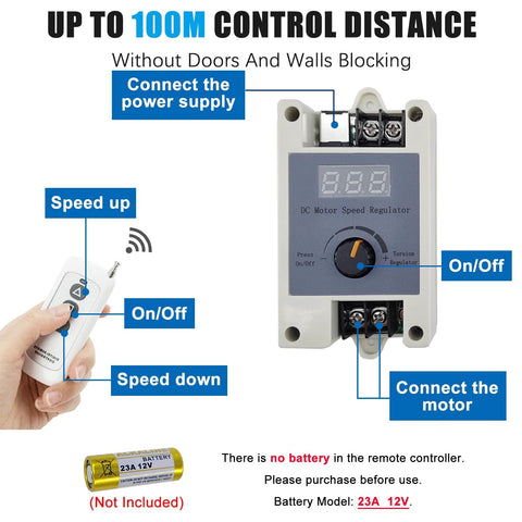 24V DC motor speed regulator with remote control and motor terminal connections (battery not included).