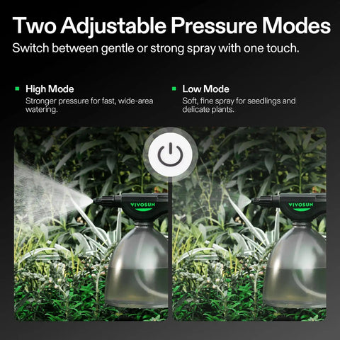 Battery Powered Sprayer 0.5 Gallon Electric Spray Bottle USB Rechargeable showing high and low pressure modes in garden use