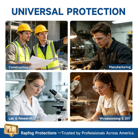 Bulk Clear Safety Glasses With Ansi Z87 Certification For Construction And Laboratory Use 36 Pack in use by workers at job sites and labs.