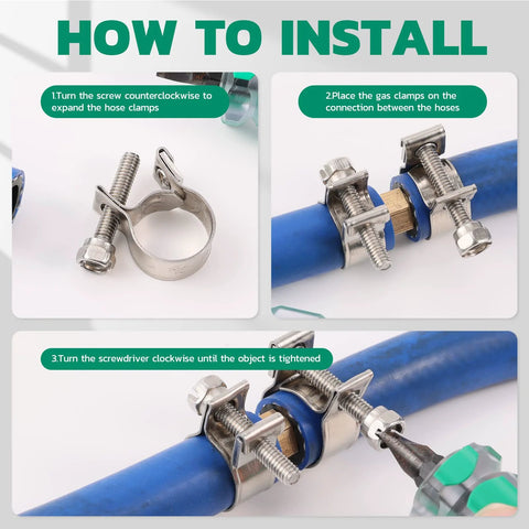 52-piece stainless steel fuel line hose clamp set, 7–18 mm dia, adjustable screws, shown on blue pipe