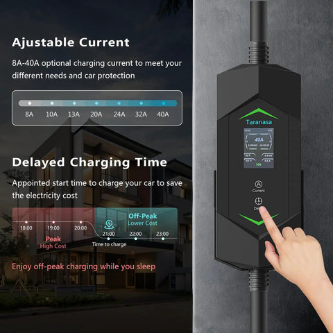 LCD screen on Tesla Level 2 Home EV Charger 40A 240V with adjustable current settings and delayed charging time display.