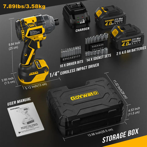 Beater Proof 21V Brushless Cordless Impact Driver Kit Yellow 2655 Inch Pounds Peak Torque with accessories and storage box.