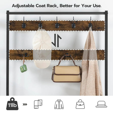 Coat Rack With Bench And Five Tier Shoe Storage Organizer With Nine Hooks For Entryway Or Mudroom Sturdy Industrial Rustic Brown And Black Hall Tree No Brainer For Busy Homes, showing hooks with hanging items.