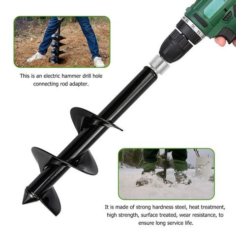 Earth Auger Drill Adapter With Four Slot Shank Pro Grade Drill Bit Converter attached to electric impact driver for outdoor landscaping