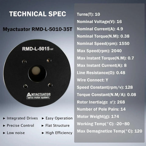 Technical specifications of Integrated Direct Drive Micro Brushless Servo Motor RMD L 5015 10T with encoder and features list