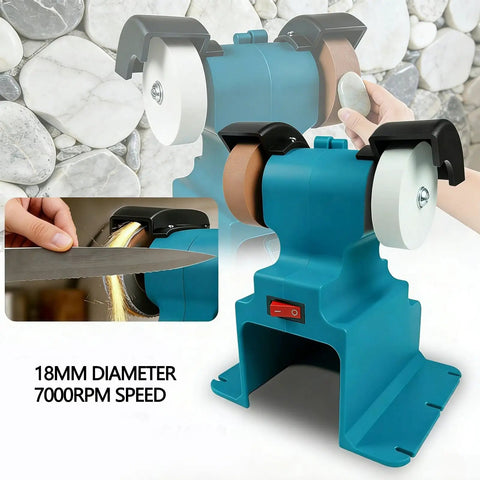 Banapoy 200W Cordless Mini Bench Grinder with 7000Rpm Buffer Polisher showing polishing wheels and knife sharpening in use.