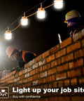Workers using 100Ft LED Construction String Lights 150W Industrial Grade With 15000LM 5000K Daylight IP65 on site